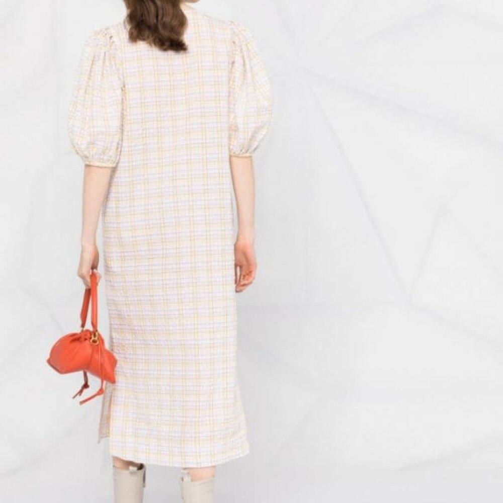 GANNI Seersucker Check Print Puff Sleeve Midi Dress - Picture 4 of 14
